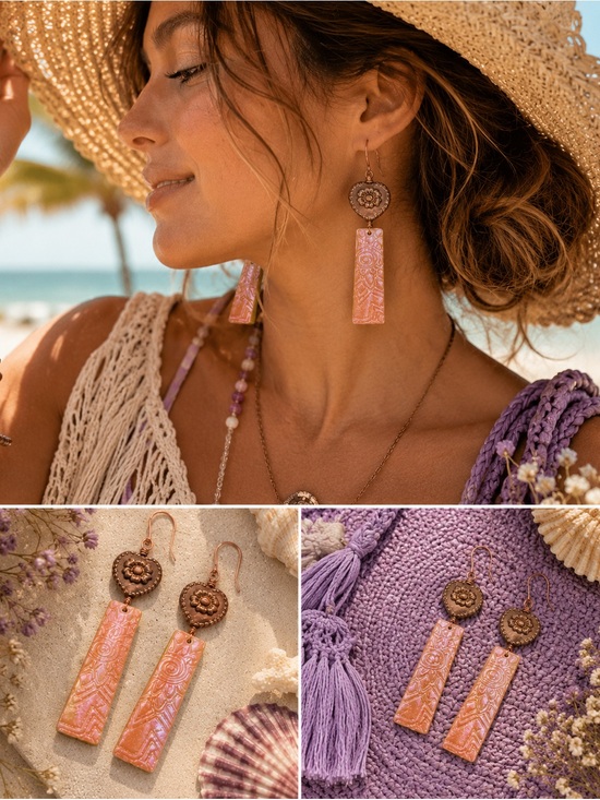 Hand Crafted Jewelry - HOST PICK Hand Crafted Copper and Pink Dangle Embossed Resin Heart Earrings